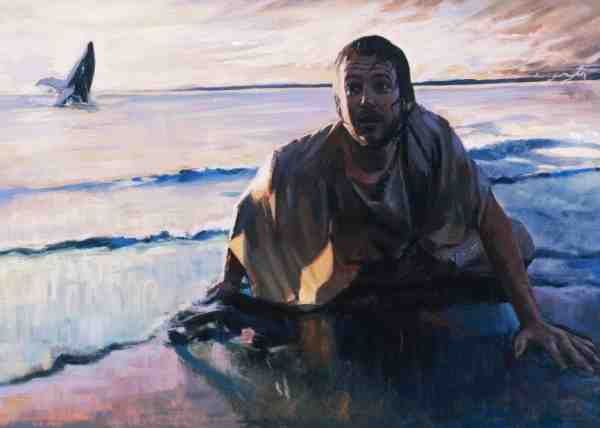 painting of a man (Jonah) crawling out of the ocean while a whale swims in the ocean behind him